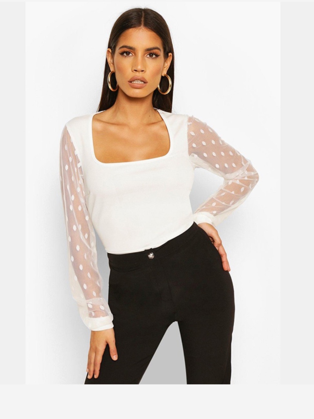 Boohoo White Square Neck Top with Polka Dot Mesh Sleeves